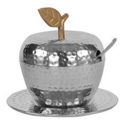 Honey Dish Apple Shape Stainless Steel Hammered Gold Leaf With Tray & Spoon