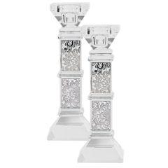 Crystal Candle Sticks Floral Silver 7"