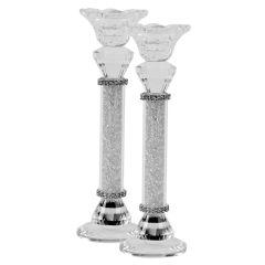 Crystal With Light Silver Stone Candlesticks 9"H