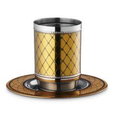 Stainless Steel Kiddush Cup & Tray with Diamond  & Beaded Design - Gold