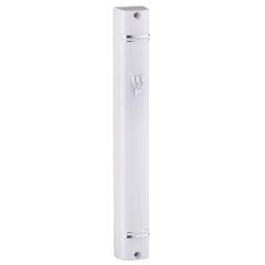 Plastic Mezuzah with Back Opening and Silver Shin (White)