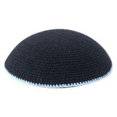 Black Knit Kippa w/ Blue Stripe - 18 cm