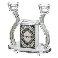 Crystal Candlesticks with Tzedakah Box with Metal Plaque