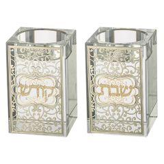 Crystal Candlesticks with Ornamental Metal Plaque (Gold)