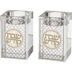 Crystal Candlesticks with Diamond-Designed  Metal Plaque (Silver &Gold)