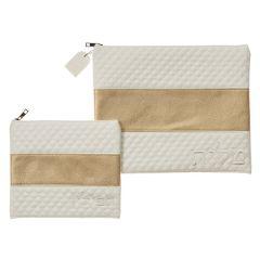 White Leather-Like Talit and Tefillin Bag Set with  Light Brown Band