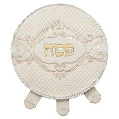 White Faux Leather Matzah Cover with Gold Lettering and a Fleur De Lis-Like Pattern