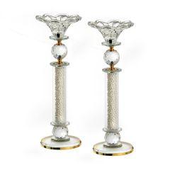 Pair Crystal Candlesticks-Gold Rings 13"H