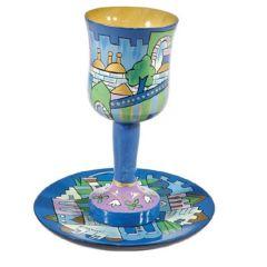 Wooden Kiddush Cup and Saucer - Jerusalem Blue