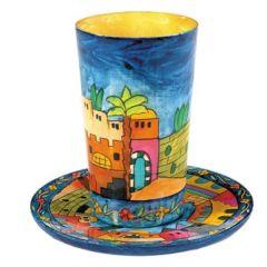 Wooden Kiddush Cup and Plate - Jerusalem