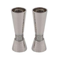 Emanuel Large Silver-Toned Hammered Candlesticks  with Silver-Toned Pomegranate Metal Cutout