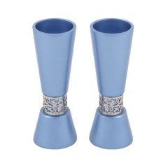Emanuel Large Blue-Toned Hammered Candlesticks  with Silver-Toned Pomegranate Metal Cutout