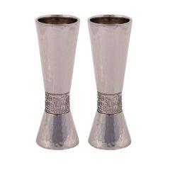 Emanuel Large Silver-Toned Hammered Candlesticks  with Silver-Toned Jerusalem Metal Cutout
