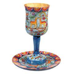 Oriental Wooden Kiddush Cup and Plate Set