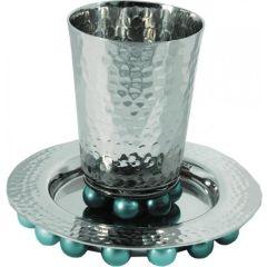 Kiddush Cup and Plate with Beads Silver/Turquoise