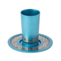 Emanuel Anodized Aluminum Kiddush Cup with Lace Design - Jerusalem Design - Turquoise