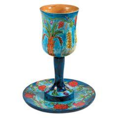 Blue 7 Species Large Wooden Kiddush Cup and Saucer