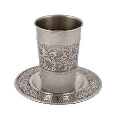 Emanuel Stainless Steel Kiddush Cup & Tray - Pomegranates