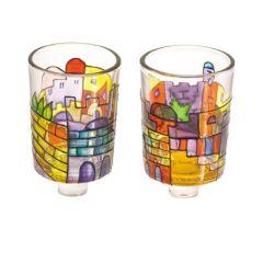 Set of 2 Multicolored Painted Glass Candle Holders - Jerusalem Design
