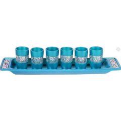 Set of 6 Cups + Plate Kiddush Set with Silver Lace- Turquoise