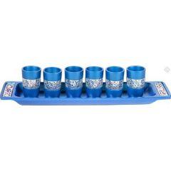 Set of 6 Cups + Plate Kiddush Set with Silver Lace- Blue