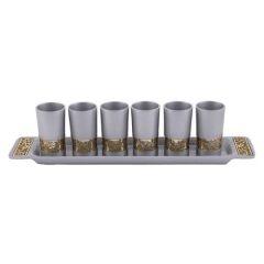 Emanuel Anodized Aluminum Set of 6 Liquor Cups and Tray with Metal Cutout Design - Silver