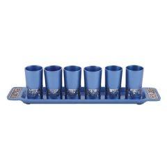 Emanuel Anodized Aluminum Set of 6 Liquor Cups and Tray with Metal Cutout Design - Blue