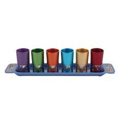 Emanuel Anodized Aluminum Set of 6 Liquor Cups and Tray with Metal Cutout Design - Multicolor