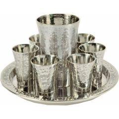 Nickel Kiddush Set - Cup + 6 Cups + Tray - Hammer work Silver