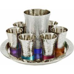 Nickel Kiddush Set - Cup + 6 Cups + Tray - Hammer work Silver/ Multicolor