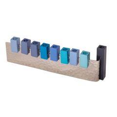 Hammered L Shaped Menorah w/ Anodized Pieces - Blue - Yair Emanuel Collection