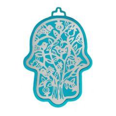 Emanuel Anodized Aluminum Hamsa with Tree Cutout  - Turquoise