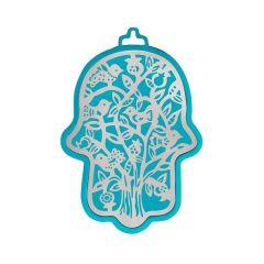Yair Emanuel Small Anodized Aluminum Hamsa  with Birds Cutout - Turquoise