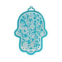 Yair Emanuel Small Anodized Aluminum Hamsa  with Flower Cutout - Turquoise