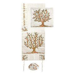 Raw Silk Machine Embroidered Tallit Tree of Life Gold/White