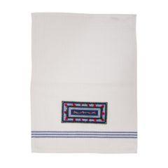 Embroidered Hand Towel w/ Blue Lines  - Yair Emanuel Collection (Pomegranates)