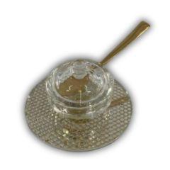 Small Crystal Honey Dish with Coaster - Gold Lattice Design