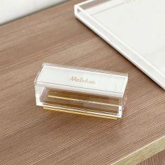 Lucite & Leatherette Matches Box with Text Design - Gold