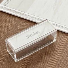 Lucite & Leatherette Matches Box with Text Design - Silver
