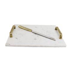 Marble Challah Board with Braided Gold Handles and Knife