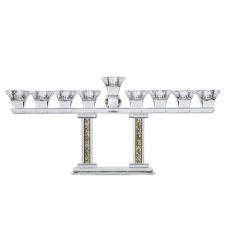 Crystal Menorah with Two Pillars - Gold and Silver Stones