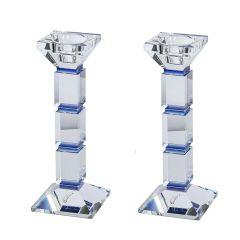 Crystal Candlesticks Square Design - 8" Tall - Set of 2 (Blue)