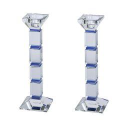 Crystal Candlesticks Square Design - 10" Tall - Set of 2 (Blue)