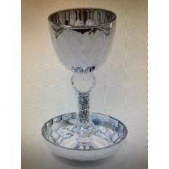 Crystal Crushed Silver Stemmed Kiddush Cup & Tray - Elijah Cup