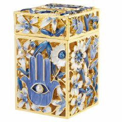 Hand-Painted Tzedakah Box with Hamsa Design
