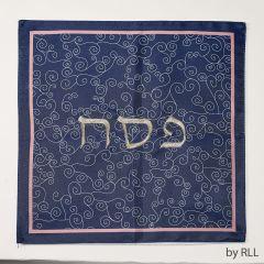 Blue and Pink Embroidered Square Matzah Cover