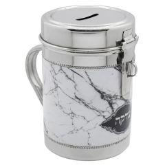 Silver Tzedakah Box with Grey Marble Design