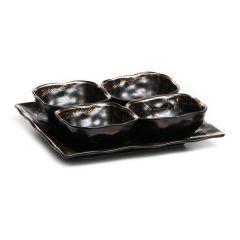 Set of 4 Black Porcelain Dishes and Tray With Gold Stripes 9x9"