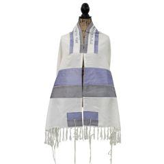 Tallis Viscose Purple/Grey Striped Embroidery With Bag & Kippah  - Yair Emanuel Collection