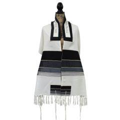 Tallis Viscose Grey Striped Embroidery With Bag & Kippah - Yair Emanuel Collection
